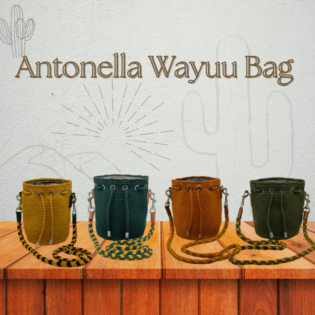 Photo featuring 4 Wayuu bags in different colors from a Wayuu store.