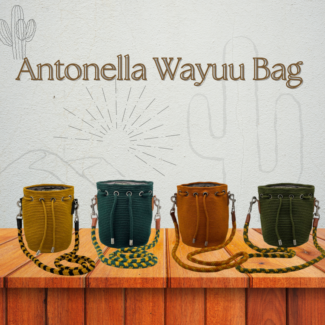Photo featuring 4 Wayuu bags in different colors from a Wayuu store.