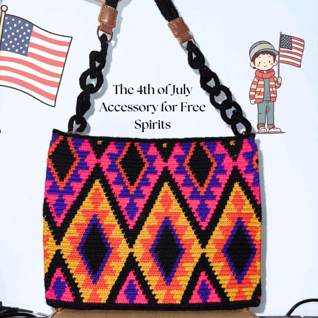 Colorful handcrafted Wayuu bag displayed with U.S. flags, celebrating free-spirited style and cultural pride on the 4th of July