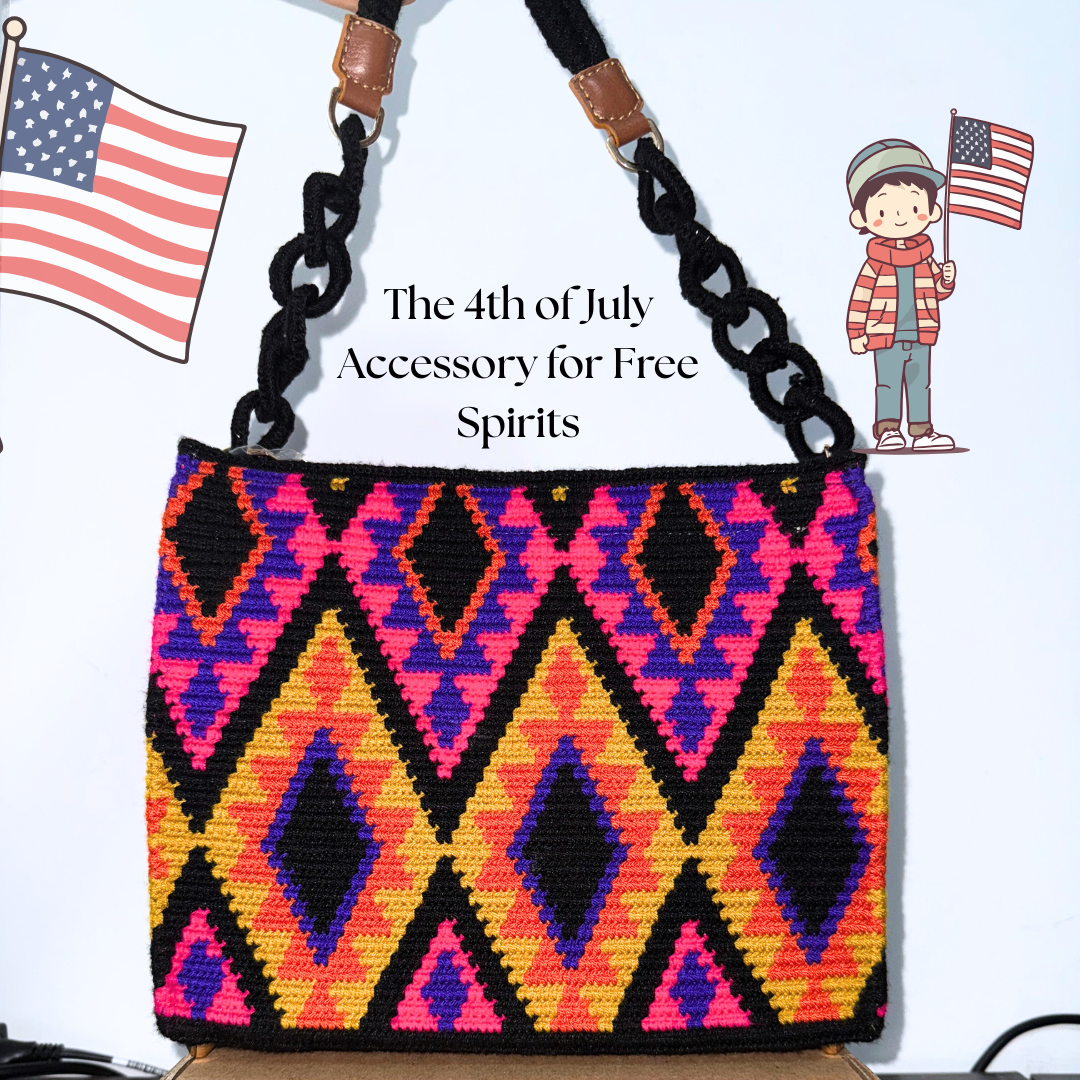 Colorful handcrafted Wayuu bag displayed with U.S. flags, celebrating free-spirited style and cultural pride on the 4th of July