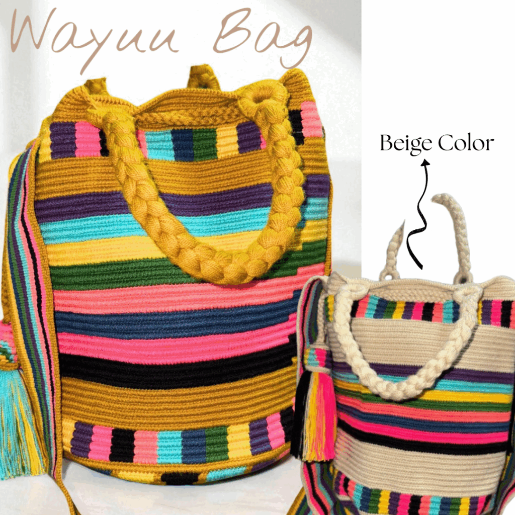 Wayuu bags wholesale with double handles and colorful striped pattern, available in two colors mustard and beige. Traditional craftsmanship with a vibrant design.