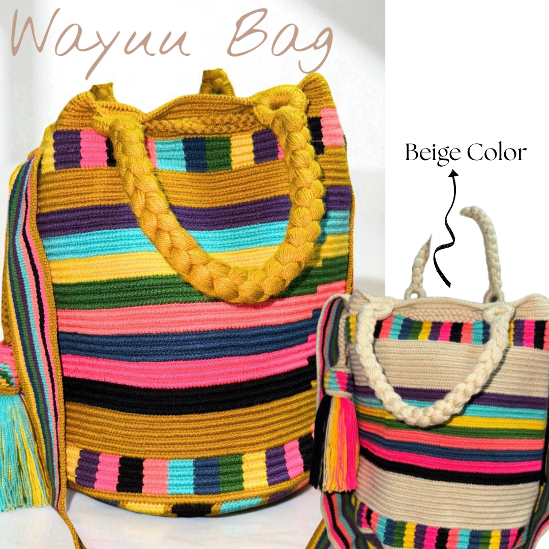 Wayuu bags wholesale with double handles and colorful striped pattern, available in two colors mustard and beige. Traditional craftsmanship with a vibrant design.