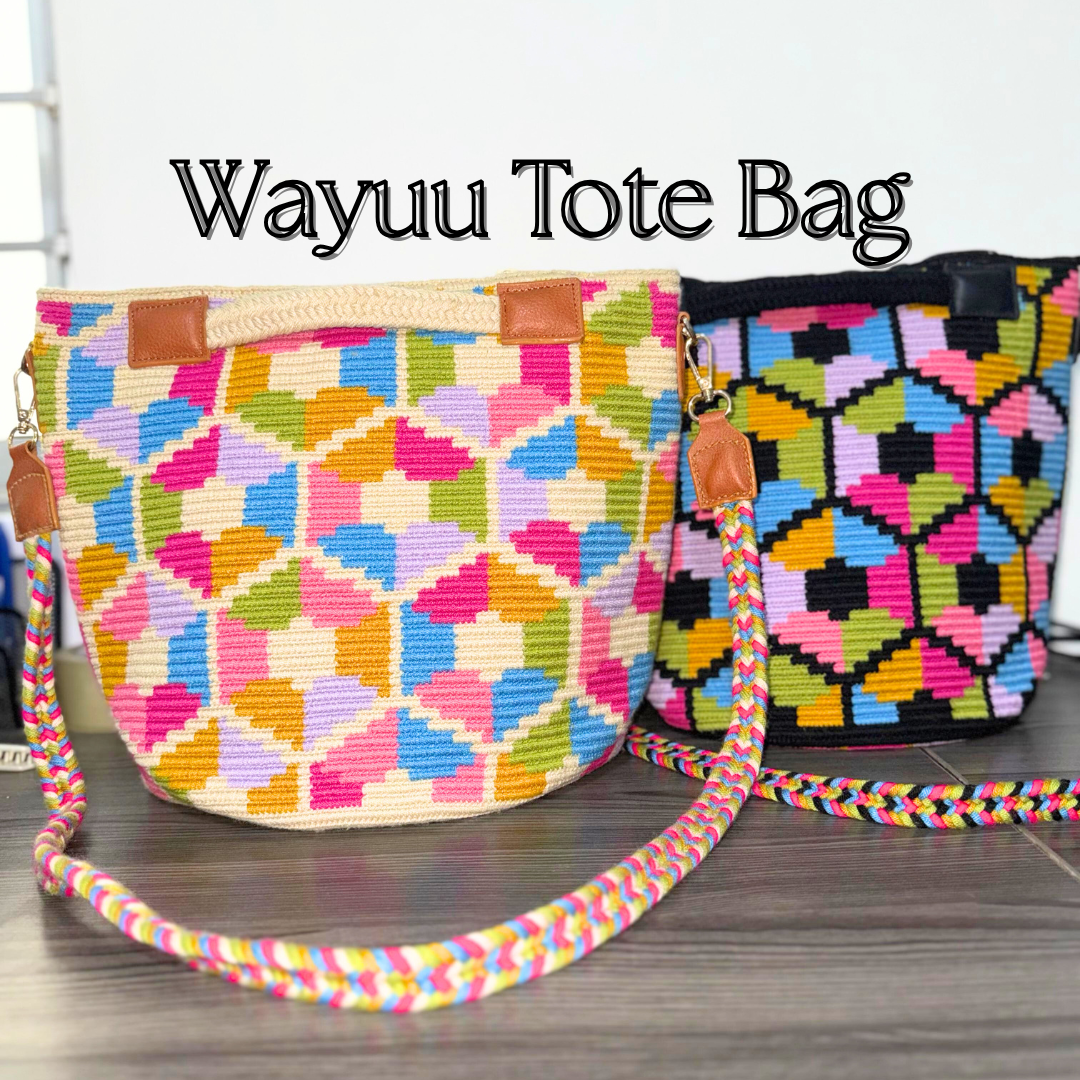 wayuu tote bag in two colors, black and beige