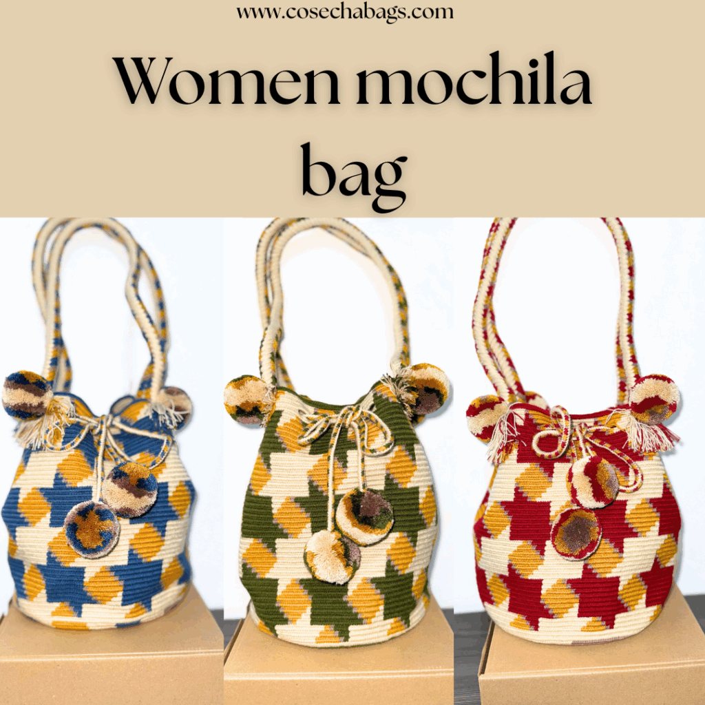 women mochila bags in blue, red, and green, showcasing handcrafted Wayuu patterns and vibrant cultural design.