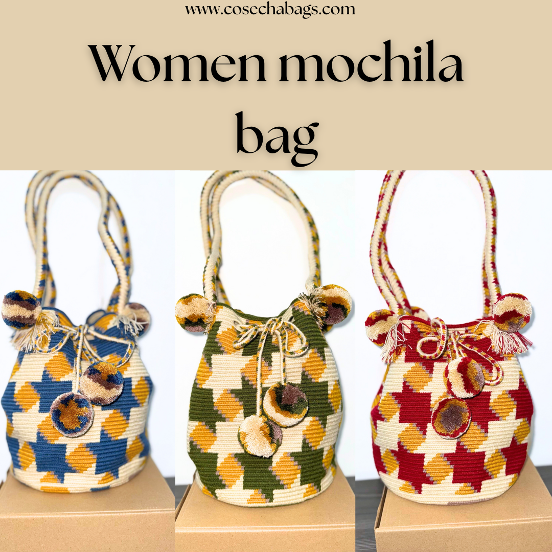 women mochila bags in blue, red, and green, showcasing handcrafted Wayuu patterns and vibrant cultural design.